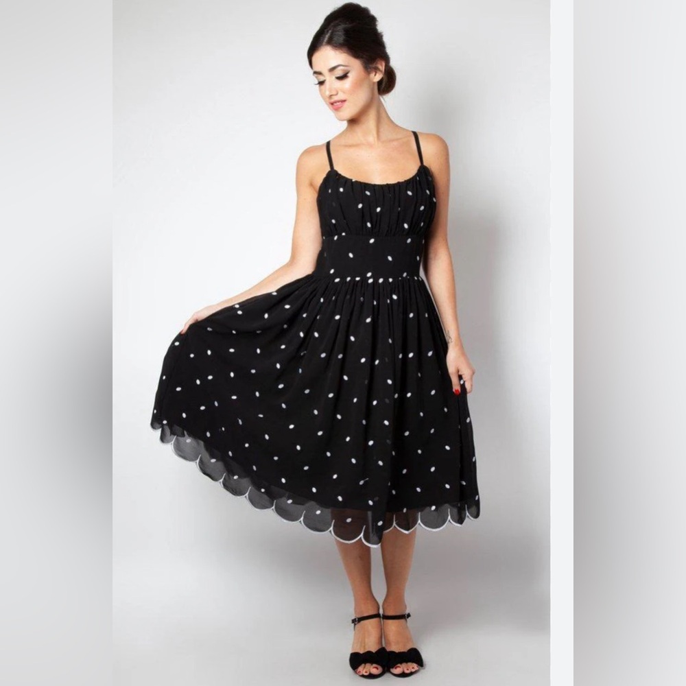 Voodoo Vixen Black & White Polka Dot Scallop Hem Midi Dress